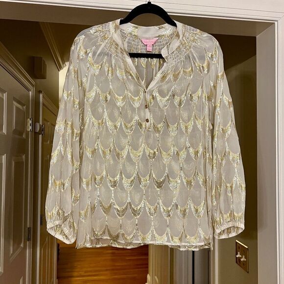 EUC Lilly Pulitzer Metallic Semi Sheer Elsa Blouse Top Ivory Gold Silver Size XS - Picture 1 of 2